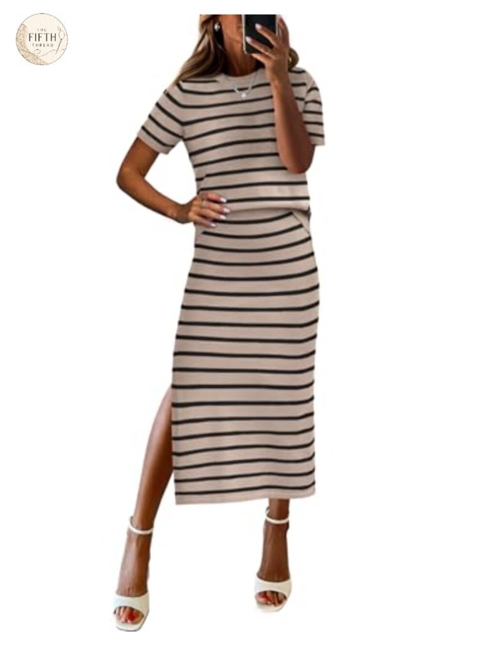 Women's 2 Piece Striped Knit Lounge Set with Midi Pencil Skirt